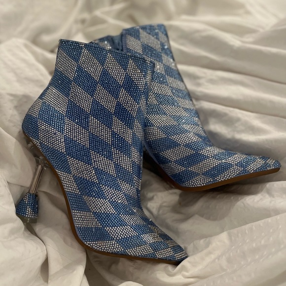 New Gianni Bini Alford Checkered Rhinestone Flared Heel Booties - Picture 2 of 11